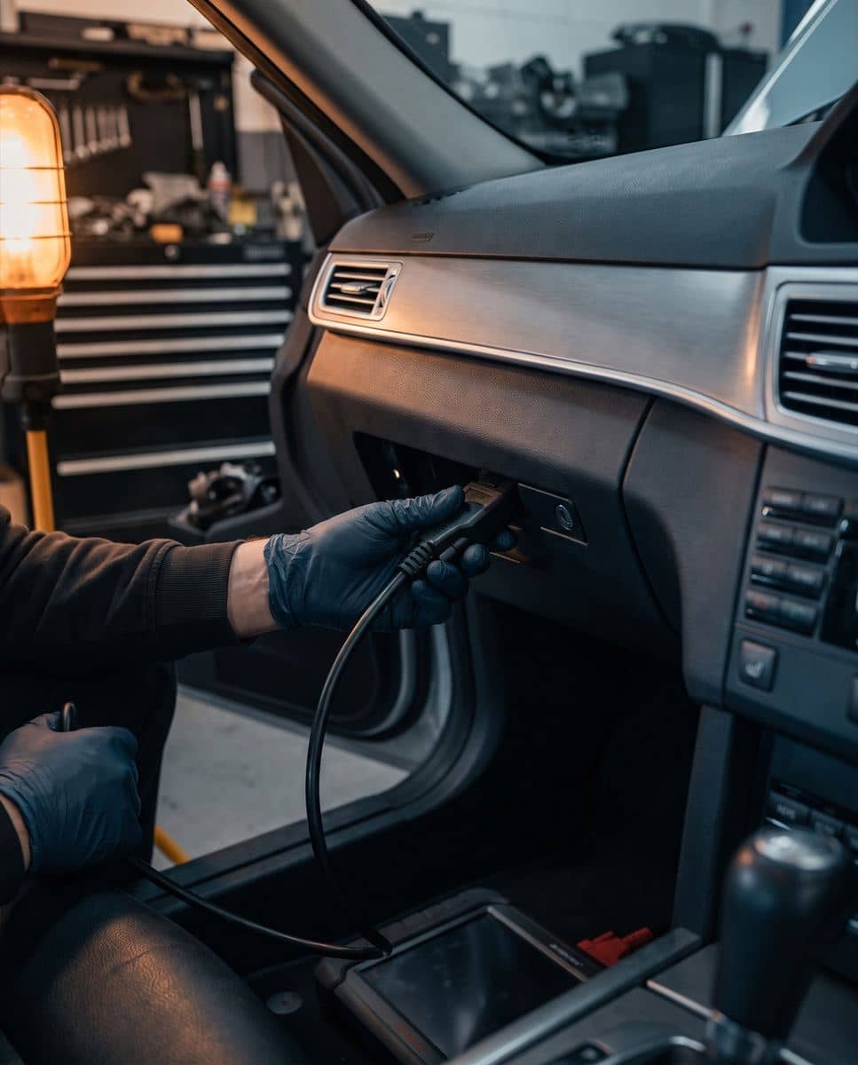 A technician connecting a diagnostic tool under the dash