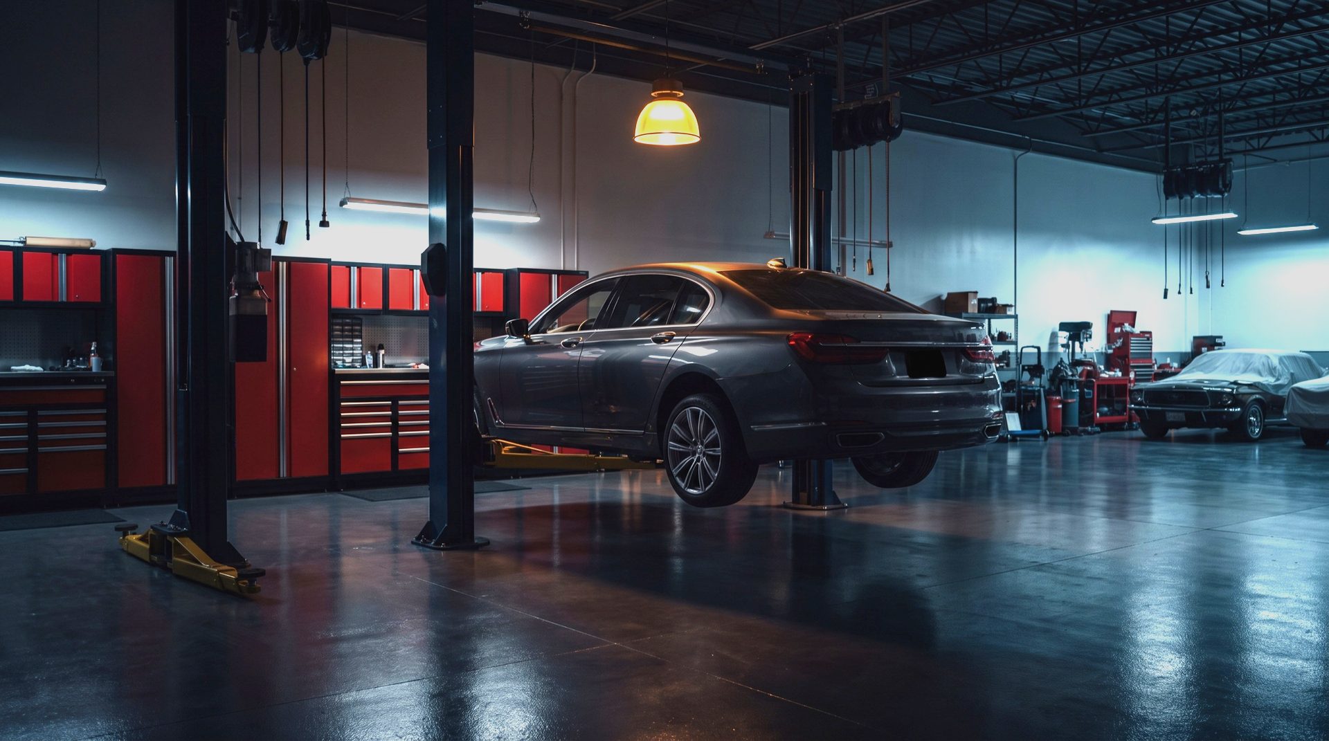 A sedan on a lift in an automotive workshop